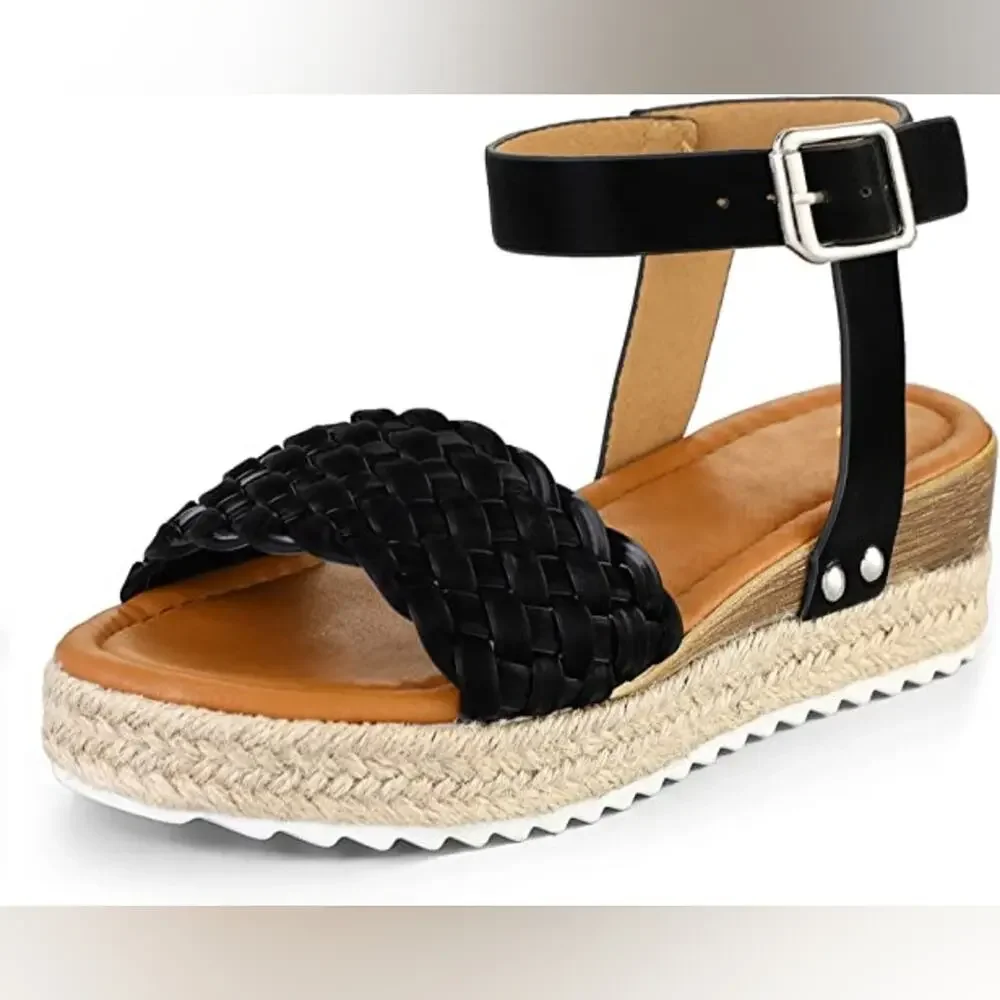 Black Wedge Espadrilles Sandals Platform Buckle Summer‎ Shoes Women's Size 5 NWT